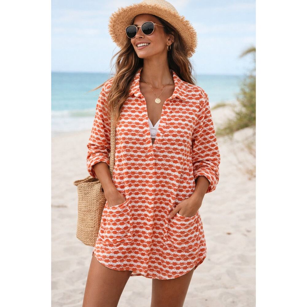 FORCYNTHIA Beachwear Textured Orange and White Coverup Oversized Tunic Top sz L